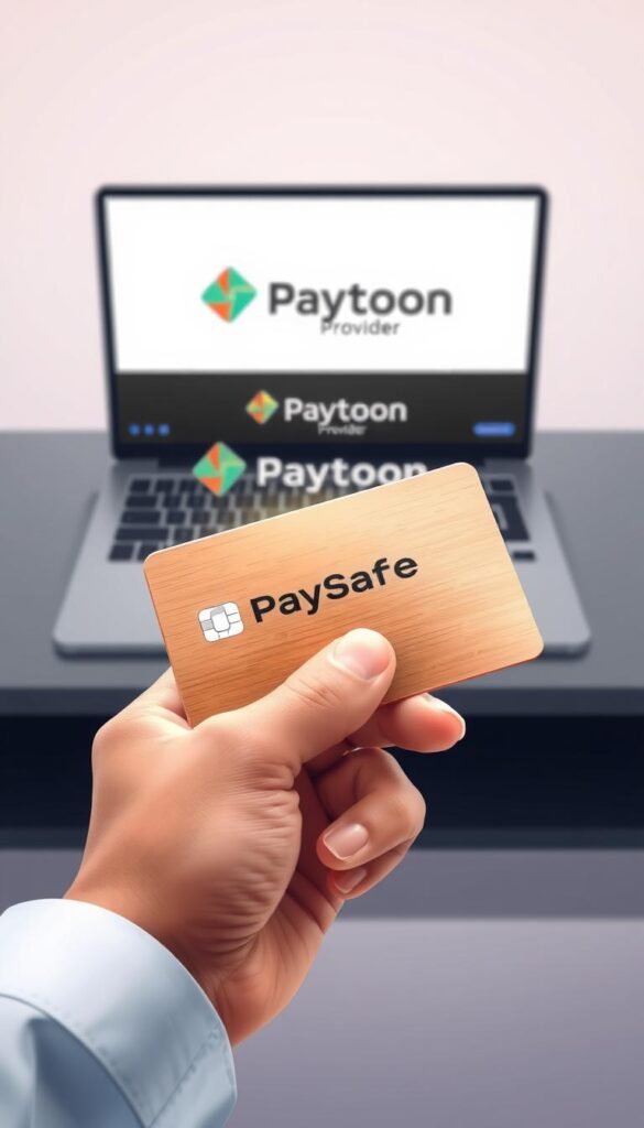 A sleek and modern illustration showcasing a secure IPTV purchase using a PaySafeCard. In the foreground, a hand holds a PaySafeCard, its shiny metallic surface reflecting the light. Atop the card, a digital transaction interface appears, its clean design and minimalist aesthetic conveying a sense of safety and trust. In the middle ground, a laptop screen displays the Hoxtoon Provider IPTV service, its logo and branding prominently featured. The background is a soft, blurred gradient, adding depth and focus to the central elements. The overall scene exudes a professional, high-tech atmosphere, visually communicating the ease and security of purchasing IPTV with a PaySafeCard.