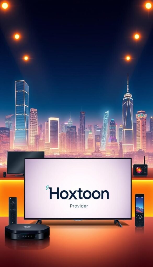 A sleek and modern illustration showcasing the Hoxtoon IPTV Service. In the foreground, a high-resolution display presents the Hoxtoon Provider logo, its bold and vibrant design commanding attention. The middle ground features a variety of streaming devices, including smart TVs, set-top boxes, and mobile devices, all seamlessly integrated into the Hoxtoon ecosystem. In the background, a cityscape with towering skyscrapers and a vibrant nighttime skyline, conveying the sense of a cutting-edge, metropolitan service. The scene is bathed in a warm, ambient lighting, creating a welcoming and visually appealing atmosphere. The overall composition emphasizes the comprehensive, state-of-the-art nature of the Hoxtoon IPTV Service.