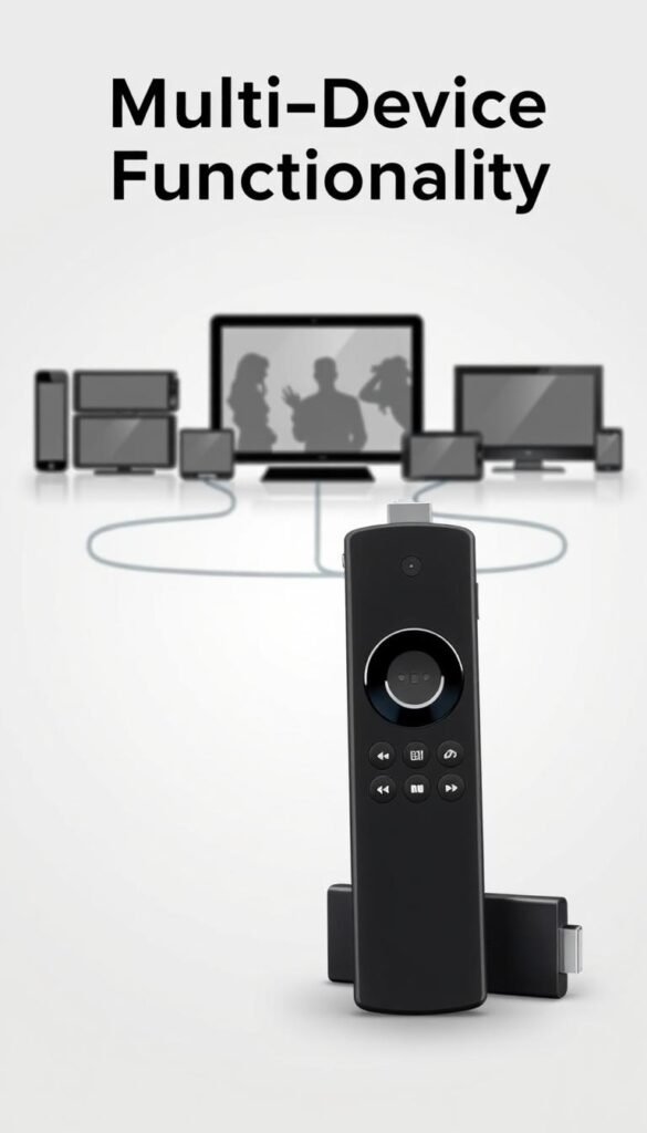 A sleek and modern illustration showcasing the Hoxtoon Provider IPTV app on a Firestick device. The scene depicts the app's intuitive interface, featuring a clean and minimalist design with crisp icons and sharp typography. The Firestick stands prominently in the foreground, its familiar shape and remote control visible. In the middle ground, multiple device silhouettes represent the app's multi-device support, seamlessly connected and working in harmony. The background is a soft, neutral gradient, allowing the device and app details to take center stage. The overall mood is one of efficiency, reliability, and a user-friendly experience, perfectly capturing the "Multi-Device Functionality" of the Hoxtoon Provider IPTV app. Prompt