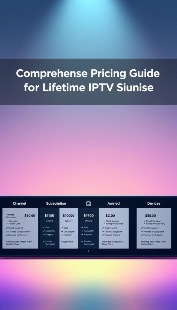 A sleek and modern illustration showcasing the Hoxtoon Provider IPTV subscription plans. In the foreground, a row of stylized plan cards with bold typography and minimalist icons representing key features like channel count, device support, and pricing. The cards are arranged in a grid layout, creating a sense of organization and hierarchy. In the middle ground, a clean and vibrant background gradient transitions from a cool, muted tone to a warmer, more vibrant hue, adding depth and visual interest. The overall composition is lit by a soft, directional light source, casting subtle shadows and highlights that accentuate the plan details. The mood is professional, informative, and visually appealing, perfectly suited to illustrate the "Comprehensive Pricing Guide for Lifetime IPTV Subscriptions" section.