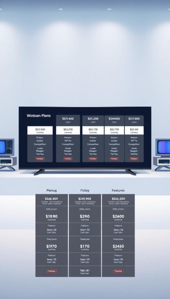 A sleek and modern illustration showcasing the IPTV subscription plans offered by Hoxtoon Provider. In the foreground, a clean grid layout displays various plan options, each with distinct pricing, channel count, and feature details. The middle ground features a subtle backdrop of stylized television sets, conveying the digital streaming nature of the service. The background is filled with a minimalist gradient, lending a sophisticated and premium feel to the overall composition. The lighting is soft and directional, creating depth and highlighting the key plan information. The entire scene is captured with a wide-angle lens, giving a sense of comprehensive coverage of the Hoxtoon Provider IPTV subscription offerings.