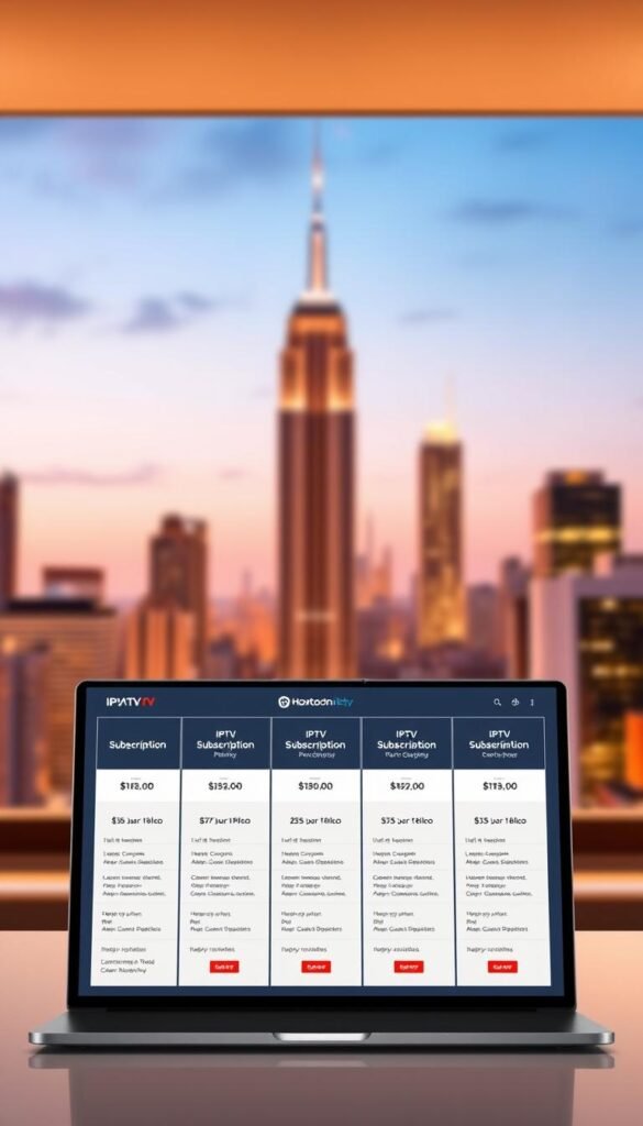 A sleek and modern illustration showcasing the IPTV subscription plans offered by the Hoxtoon Provider. In the foreground, a grid-like layout displays various plan options, each with clear pricing, features, and duration details. The plans are presented in a minimalist style, with clean typography and bold icons. In the middle ground, a laptop or tablet device displays the Hoxtoon Provider's user interface, highlighting the ease of accessing the IPTV service. The background features a sophisticated, blurred cityscape, conveying a sense of urban connectivity and the global reach of the IPTV service. The overall scene is illuminated by warm, directional lighting, creating a professional and trustworthy atmosphere.