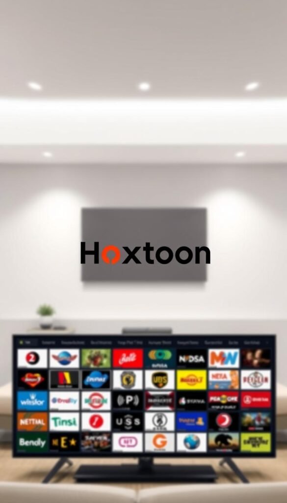 A sleek and modern illustration showcasing the comprehensive channel offerings from the Hoxtoon IPTV provider. In the foreground, a stylized grid layout displays a diverse array of channel icons, representing the breadth of entertainment options available. The middle ground features a clean, minimalist design with the Hoxtoon Provider brand prominently displayed, conveying a sense of professionalism and reliability. The background is subtly blurred, creating a focal point on the channel grid and the Hoxtoon branding. The lighting is soft and even, creating a welcoming and visually appealing atmosphere. The overall composition is balanced, with a strong emphasis on showcasing the wide range of channels and the Hoxtoon Provider's brand identity.