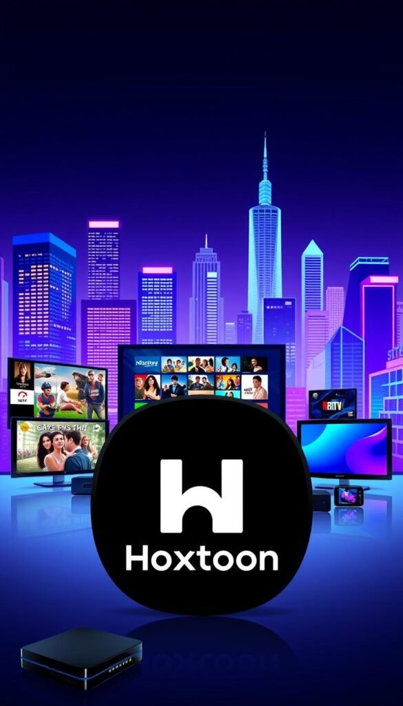 A sleek and modern illustration showcasing the leading IPTV provider, Hoxtoon Provider, against a backdrop of digital technology. In the foreground, the Hoxtoon logo stands prominently, conveying a sense of authority and reliability. The middle ground features a variety of streaming devices, including smart TVs, set-top boxes, and mobile devices, all connected and displaying a diverse range of American television channels. The background is a vibrant, neon-infused cityscape, symbolizing the wide availability and accessibility of Hoxtoon's IPTV services across the United States. The overall composition is well-balanced, with a strong emphasis on the Hoxtoon brand and the variety of content available to American viewers.