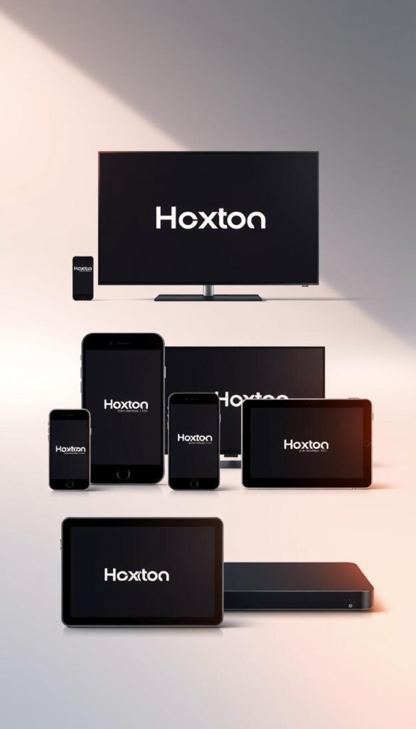 A sleek and modern illustration showcasing the multi-device support of the Hoxtoon IPTV provider. In the foreground, six state-of-the-art devices - smartphones, tablets, and smart TVs - are arranged in a visually striking layout, each displaying the Hoxtoon logo. The devices are rendered with a high level of detail, highlighting their advanced features and seamless connectivity. The middle ground features a clean, minimalist background with subtle gradients, emphasizing the simplicity and elegance of the Hoxtoon platform. Soft, diffused lighting casts a warm, inviting glow across the scene, creating a sense of sophistication and premium quality. The overall composition conveys the versatility and accessibility of the Hoxtoon IPTV service, catering to the diverse needs of modern users across multiple devices.