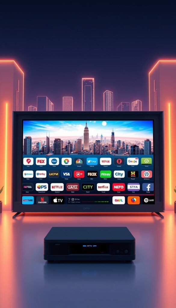 A sleek and modern illustration showcasing the premium IPTV channels offered by the Hoxtoon Provider. In the foreground, a stylized grid layout presents various channel logos and icons, each reflecting a different content category such as movies, sports, news, and entertainment. The middle ground features a large, high-definition screen displaying a vibrant, cinematic scene, conveying the exceptional video quality. In the background, a minimalist, futuristic cityscape with skyscrapers and neon lights creates an immersive, high-tech atmosphere. The overall composition is captured with a wide-angle lens, creating a sense of depth and grandeur, illuminated by a warm, balanced lighting that enhances the premium and sophisticated feel of the IPTV service.