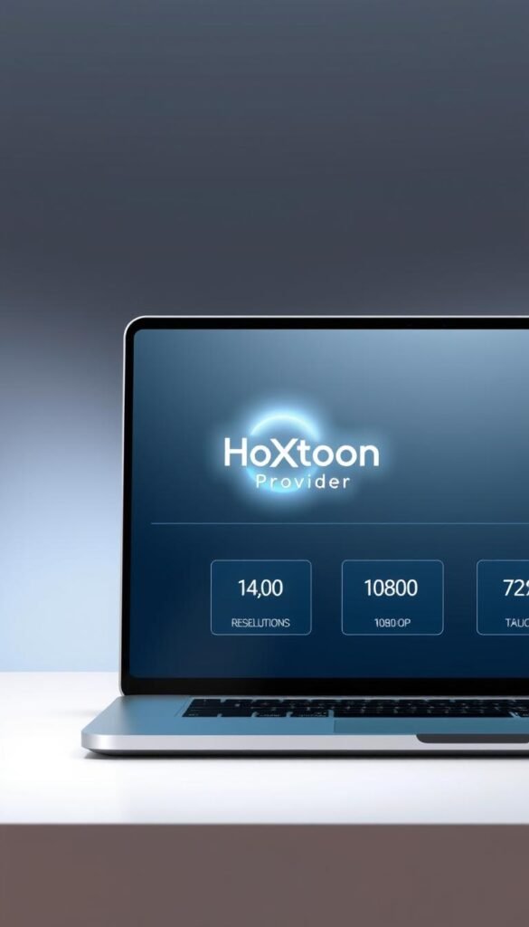 A sleek and modern illustration showcasing the streaming quality resolution options. In the foreground, a laptop or tablet screen displays a selection of resolution settings, including 4K, 1080p, and 720p, represented by crisp, detailed icons. The middle ground features a stylized representation of the "Hoxtoon Provider" brand, highlighted with a subtle glow, conveying its high-quality streaming capabilities. The background is a softly blurred, gradient-based environment, creating a sense of depth and emphasis on the central elements. Elegant lighting and a minimalist, high-tech aesthetic evoke a professional, informative, and visually appealing presentation of the streaming quality analysis.