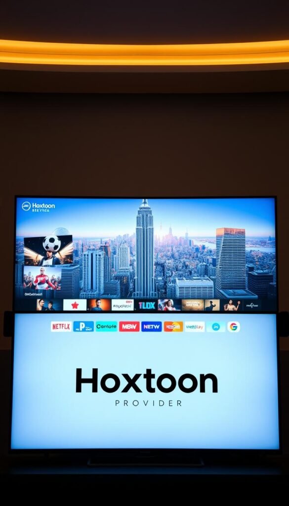 A sleek and modern interface showcasing the Hoxtoon IPTV Service brand. In the foreground, a high-resolution display presents a clean, minimalist design with the Hoxtoon Provider logo prominently featured. The middle ground features an array of popular live TV channels and on-demand content options, all neatly organized and easily navigable. The background depicts a futuristic cityscape, hinting at the expansive global reach and reliability of the Hoxtoon platform. Soft, warm lighting illuminates the scene, creating a welcoming and premium atmosphere. The overall composition conveys a sense of sophistication, technological innovation, and the convenience of a seamless IPTV experience.