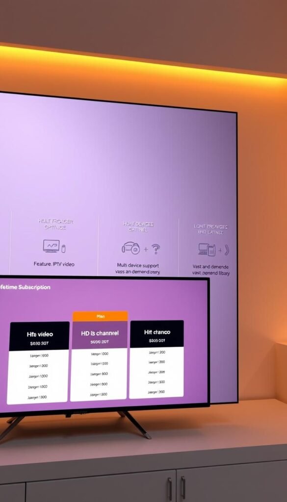A sleek and modern interface showcasing the Hoxtoon Provider IPTV plans. In the foreground, a stylized display presents the different lifetime subscription options, each with clear pricing and channel counts. The middle ground features elegant icons and infographics highlighting key plan features like HD video, multi-device support, and a vast on-demand library. The background has a subtle gradient, creating a sense of depth and professionalism. Warm lighting accentuates the clean, minimalist design, conveying a premium, trustworthy brand identity for Hoxtoon IPTV.
