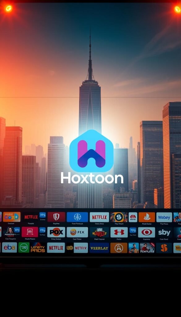 A sleek and modern interface showcasing the Hoxtoon Provider IPTV streaming service. In the center, the Hoxtoon logo stands prominently, surrounded by a grid of colorful channel icons. The background features a cityscape with towering skyscrapers, conveying the service's reach and scale. Warm lighting casts a welcoming glow, while a subtle lens flare adds depth and dynamism. The overall scene radiates a sense of technological sophistication and reliable entertainment options for the discerning IPTV user.