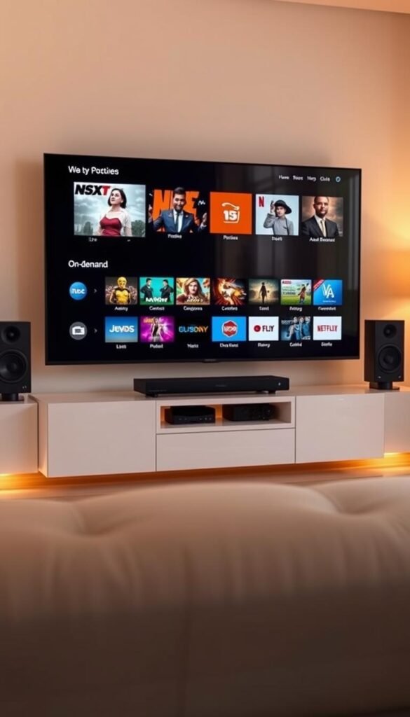 A sleek and modern interface showcasing the Hoxtoon Provider IPTV streaming service. In the foreground, a high-definition television display presents a diverse selection of live TV channels and on-demand content. The middle ground features a clean, intuitive user interface with intuitive controls and navigation. In the background, a minimalist home entertainment setup with stylish speaker systems and ambient lighting creates a sophisticated and immersive viewing experience. The scene is illuminated by warm, natural lighting that casts a subtle glow, conveying a sense of comfort and relaxation. The overall atmosphere suggests a seamless, reliable, and enjoyable IPTV service that caters to the modern media consumer.