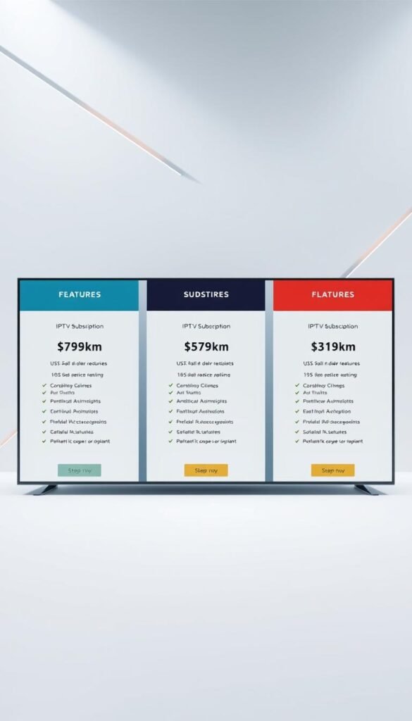 A sleek and modern interface showcasing the Hoxtoon Provider IPTV subscription plans. The foreground features three distinct plan options, each with its own set of features and pricing prominently displayed. The middle ground showcases a clean, minimalist design with a neutral color palette, allowing the plan details to take center stage. The background subtly incorporates a geometric pattern, adding depth and visual interest without distracting from the main content. The lighting is soft and diffused, creating a premium, high-quality feel. The overall composition conveys a sense of professionalism and clarity, making it easy for the viewer to understand the Hoxtoon Provider's IPTV offerings.