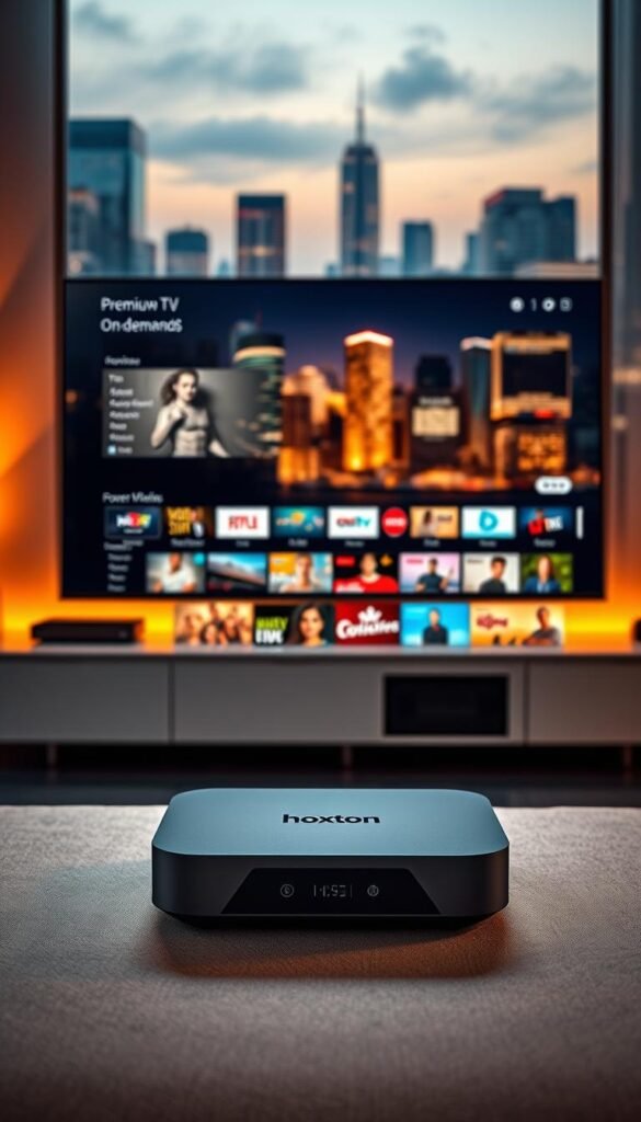 A sleek and modern interface showcasing the Hoxtoon Provider brand. In the foreground, a state-of-the-art streaming device with a clean, minimalist design sits prominently, inviting users to explore its capabilities. The middle ground features a large, high-definition display showcasing a diverse array of premium live TV channels and on-demand content, captured with a shallow depth of field to focus attention. In the background, a stylized cityscape with skyscrapers and a vibrant, neon-lit skyline creates an urban, technology-driven atmosphere. Warm, directional lighting from the left side casts subtle shadows, adding depth and dimension to the scene. The overall composition conveys the power, reliability, and cutting-edge nature of the Hoxtoon Provider service.