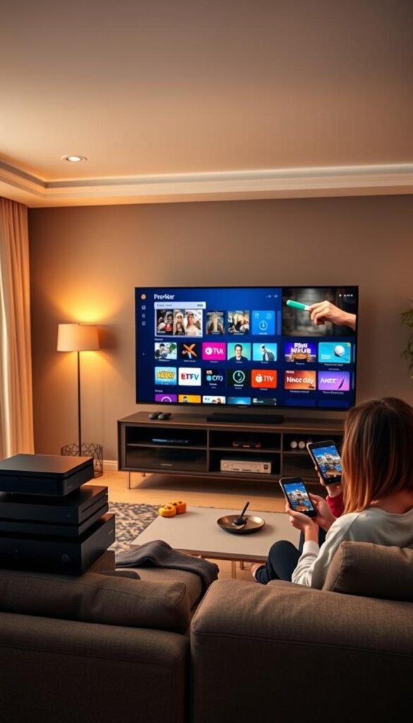 A sleek and modern living room, bathed in warm, soft lighting. In the foreground, a large flatscreen TV dominates the scene, showcasing the Hoxtoon Provider interface, seamlessly connecting multiple devices. Beside it, a stack of streaming boxes and gaming consoles, all neatly integrated. In the middle ground, a family gathers, each member engaged with their own tablet or smartphone, accessing live TV, movies, and apps through the Hoxtoon ecosystem. The background features tasteful decor, hinting at a cozy, tech-savvy household. The overall atmosphere conveys a sense of effortless, whole-home entertainment and connectivity, enabled by the Hoxtoon Provider's multi-device support.