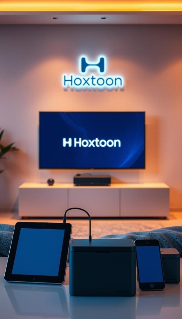 A sleek and modern living room setting, with a Hoxtoon Provider logo prominently displayed on the wall. In the foreground, various digital devices are seamlessly connected, including a smart TV, tablet, and smartphone, showcasing the multi-device IPTV support. The room is bathed in warm, ambient lighting, creating a cozy and inviting atmosphere. The devices are arranged in a visually appealing layout, highlighting the ease and convenience of the Hoxtoon Provider's multi-device system. The overall scene conveys a sense of technological integration and family-friendly entertainment.