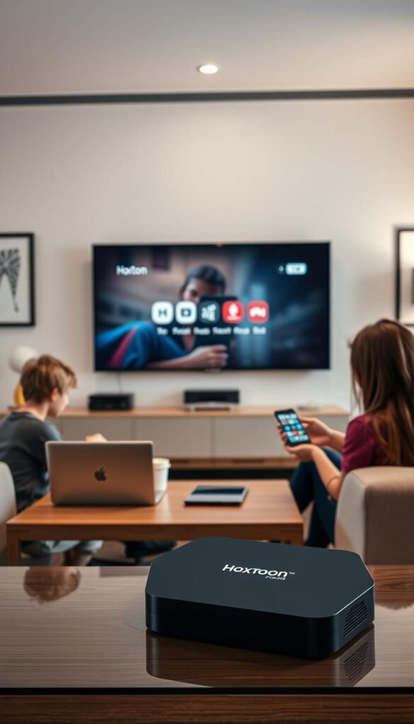 A sleek and modern living room setting, with a large flat-screen TV prominently displayed. In the foreground, a family of four is gathered around a coffee table, each person using a different device - a laptop, a tablet, a smartphone, and a streaming box. The Hoxtoon Provider logo is subtly displayed on the streaming box. The room is bathed in a warm, cozy lighting, creating a comfortable and inviting atmosphere. The walls are adorned with minimalist artwork, and the furniture is stylish and contemporary. The overall scene conveys the idea of a family enjoying multiple simultaneous IPTV connections, seamlessly integrated into their living space.