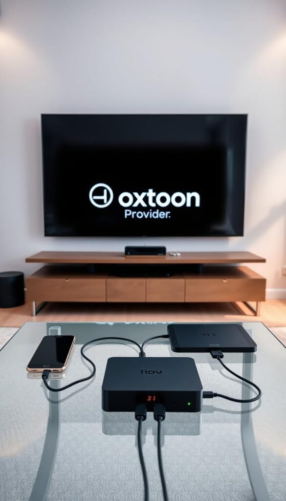A sleek and modern living room setting, with a large flatscreen TV mounted on the wall. In the foreground, multiple devices, including a smartphone, tablet, and streaming box, are arranged neatly on a glass coffee table, all connected to the TV via HDMI cables. The Hoxtoon Provider logo is prominently displayed on the TV screen, indicating seamless multi-device support. Soft, indirect lighting creates a warm and inviting atmosphere, while the minimalist decor and clean lines give the scene a stylish, high-tech feel. The overall impression is one of technological sophistication and effortless content consumption across multiple devices.