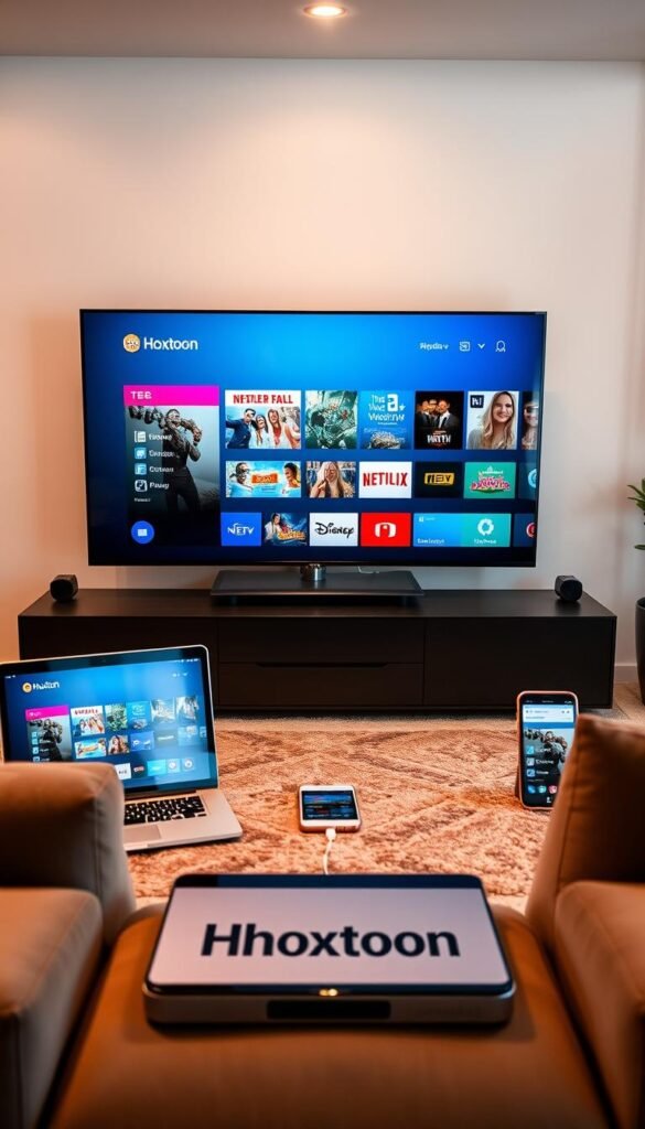 A sleek and modern living room setup showcases a Hoxtoon Provider IPTV service, with multiple devices seamlessly connected and displaying content on their screens. In the foreground, a state-of-the-art smart TV takes center stage, its crisp display showcasing the Hoxtoon interface. Surrounding it, a laptop, tablet, and smartphone are neatly arranged, all linked to the IPTV service, demonstrating its multi-device compatibility. The scene is bathed in warm, soft lighting, creating a cozy and inviting atmosphere. The overall composition emphasizes the convenience and flexibility of the Hoxtoon Provider IPTV, catering to the modern, tech-savvy viewer.