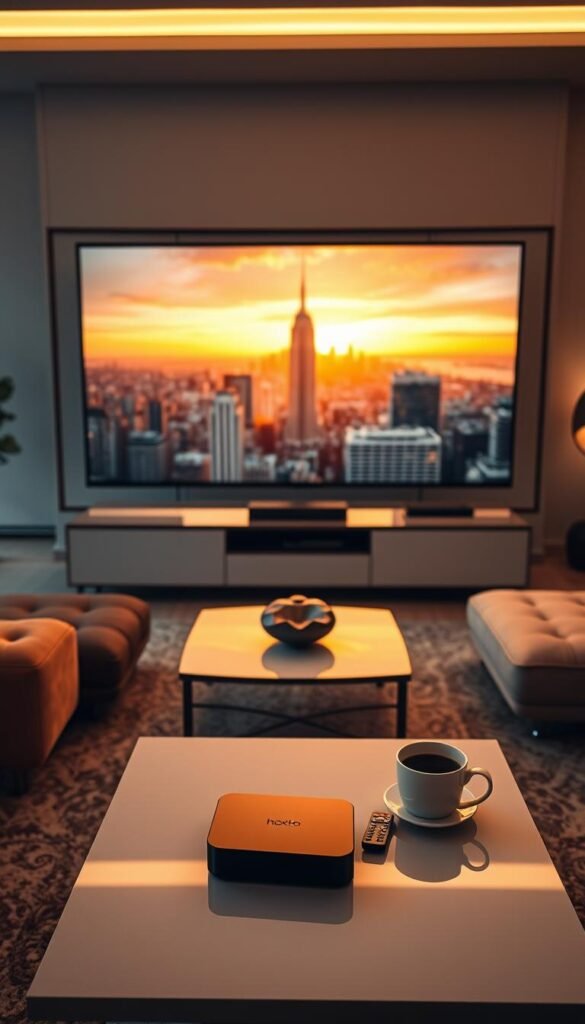A sleek and modern living room with a large, ultra-high-definition television screen showcasing the Hoxtoon Provider IPTV4K experience. The room is bathed in warm, ambient lighting, creating a cozy and immersive atmosphere. In the foreground, a stylish, minimalist coffee table displays a high-end streaming device, remote control, and a cup of coffee, hinting at the seamless integration of technology into the home environment. The middle ground features comfortable, modern furniture, while the background reveals large windows overlooking a picturesque cityscape, emphasizing the versatility and adaptability of the IPTV4K system.