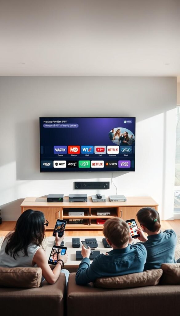A sleek and modern living room with a large wall-mounted TV displaying the Hoxtoon Provider IPTV interface. In the foreground, a family gathers around a coffee table, each holding a tablet or smartphone, seamlessly accessing and controlling the IPTV system. The middle ground features a stylish media cabinet with various cable boxes and streaming devices, all connected to the IPTV network. The background showcases large windows, allowing natural light to flood the space, creating a warm and inviting atmosphere. The scene conveys the convenience and flexibility of a Hoxtoon Provider IPTV system with multiroom functionality, enabling the family to enjoy their content across multiple devices and locations.