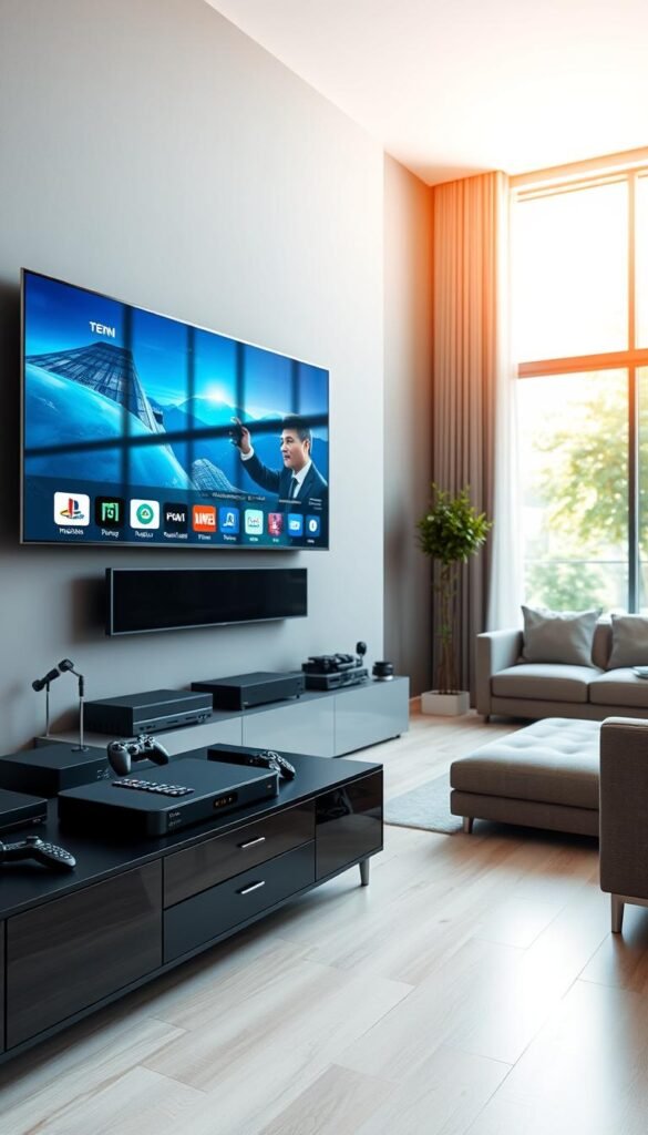 A sleek and modern living room with a large, wall-mounted flat-screen TV. In the foreground, a stylish entertainment center houses the Hoxtoon Provider IPTV set-top box, surrounded by various remote controls and gaming consoles. The middle ground features comfortable seating, including a plush sectional sofa and armchair, creating a cozy atmosphere. The background showcases large windows that allow natural light to flood the space, providing a bright and airy ambiance. The overall scene conveys a sense of technological sophistication and home entertainment, showcasing the Hoxtoon Provider IPTV system as the centerpiece of a seamless multiroom experience.