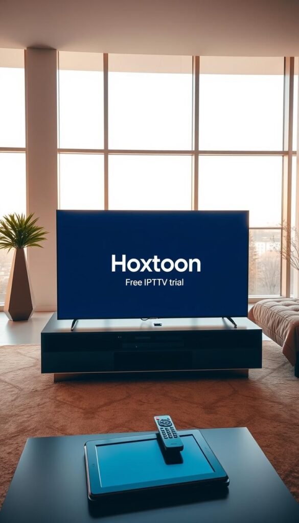 A sleek and modern living room with large windows, bathed in warm, natural lighting. In the foreground, a high-quality TV screen displays the Hoxtoon Provider logo, showcasing their free IPTV trial. On the coffee table, a remote control and a tablet device, representing the ease of accessing the IPTV service. The room is decorated with minimalist, contemporary furnishings, creating a welcoming and comfortable atmosphere. The overall scene conveys a sense of simplicity, technology, and the convenience of trying out the Hoxtoon IPTV service at no cost.