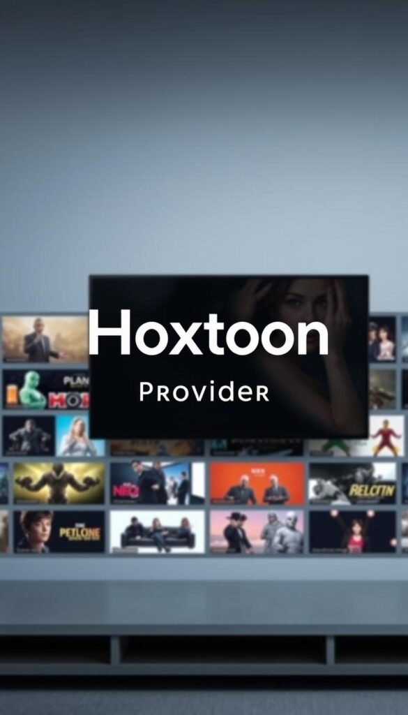 A sleek and modern logo for the "Hoxtoon Provider" IPTV service, set against a backdrop of a minimalist interface showcasing the service's diverse content offerings. The logo is prominently displayed in the center, rendered in a bold, clean typeface with a subtle gradient effect that gives it a sense of depth and dimensionality. The interface behind the logo features a grid of high-definition video thumbnails, hinting at the expansive library of live TV channels, movies, and shows available through the Hoxtoon service. The overall scene is bathed in a cool, muted color palette, creating a sophisticated and professional atmosphere that conveys the reliability and quality of the Hoxtoon IPTV provider.