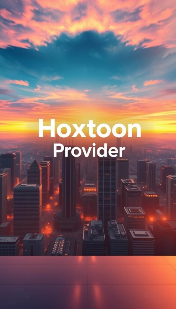 A sleek and modern logo for the "Hoxtoon Provider" IPTV service, set against a backdrop of a minimalist cityscape with skyscrapers and a vibrant, futuristic sky. The logo is prominently displayed in the center, with a clean and bold typeface that exudes professionalism and reliability. The scene is bathed in a warm, golden light, creating a sense of sophistication and high-end technology. The overall composition conveys the idea of a cutting-edge, high-performance IPTV service that is at the forefront of the industry.