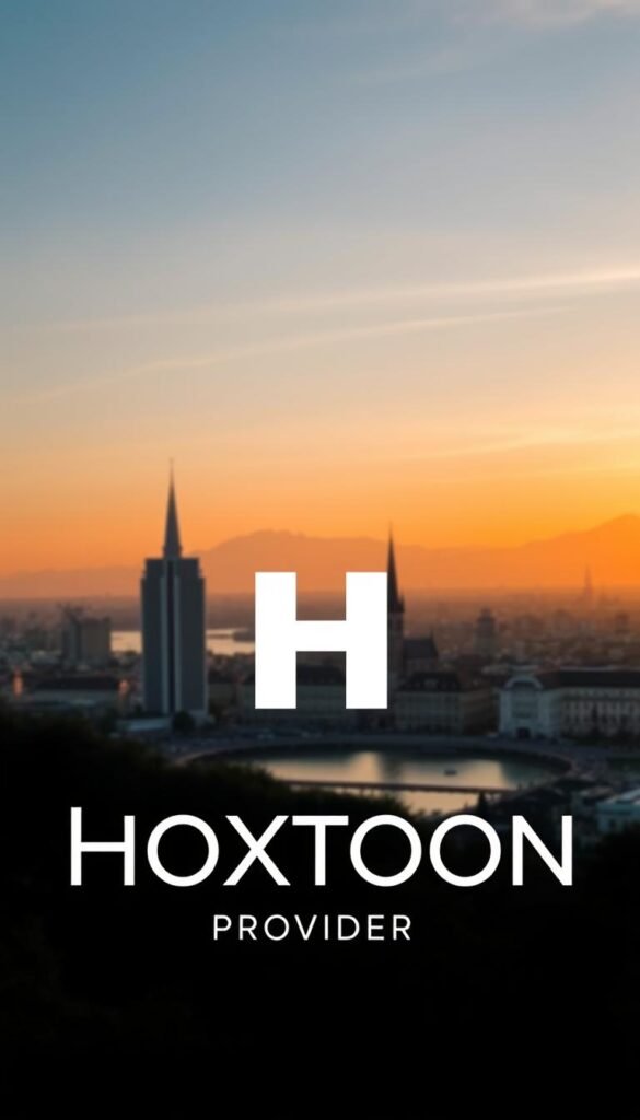 A sleek and modern logo for the "Hoxtoon Provider" IPTV service, set against a sophisticated backdrop of a Swiss city skyline. The logo is prominently displayed in the foreground, featuring the brand name in a clean, minimalist font. The middle ground showcases a panoramic view of a cityscape, with towering skyscrapers, church spires, and a serene lake or river. The background is illuminated by a warm, golden hour lighting, casting a tranquil, inviting atmosphere. The overall composition conveys a sense of reliability, quality, and Swiss precision associated with the Hoxtoon IPTV service.