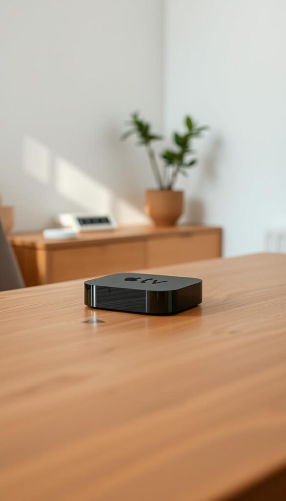 A sleek and modern-looking Apple TV device sitting on a minimalist wooden table, surrounded by a clean and airy environment. The device is prominently displayed, showcasing the elegant design and high-quality build that complements the premium Hoxtoon Provider IPTV service. The scene is illuminated by soft, natural lighting, creating a warm and inviting atmosphere. The overall composition emphasizes the seamless integration of the Apple TV with the Hoxtoon Provider IPTV service, hinting at the user-friendly experience and high-quality entertainment it offers.