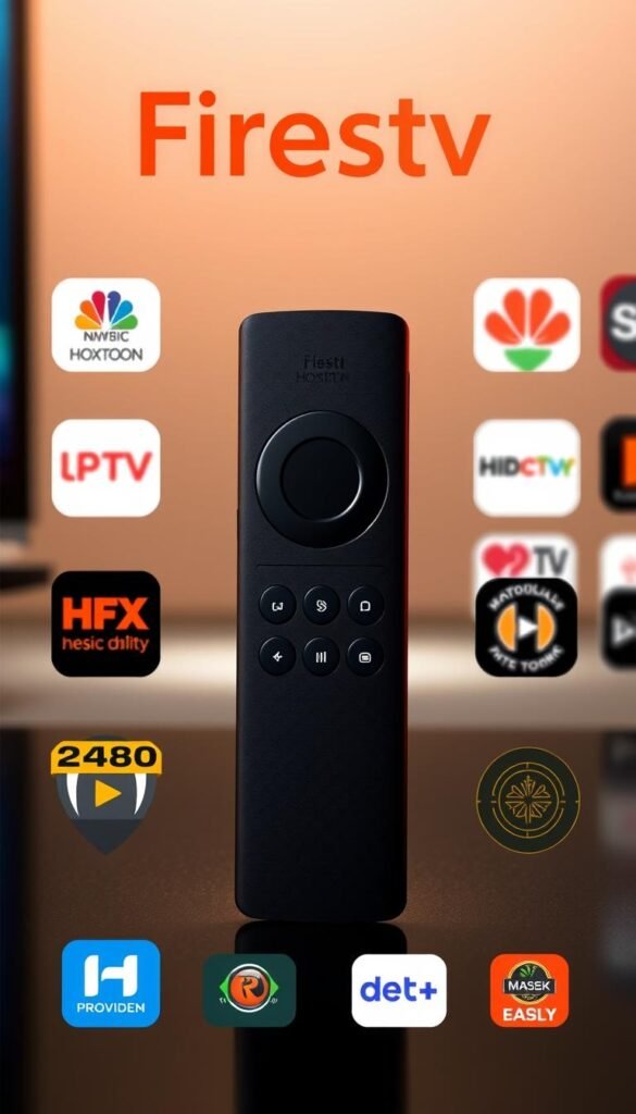 A sleek and modern-looking Firestick device prominently displayed, surrounded by several IPTV app icons and logos, including the "Hoxtoon Provider" brand. The Firestick is shown in a well-lit setting, with a soft, warm lighting creating a premium, high-quality atmosphere. The arrangement of the apps and logos is visually appealing and balanced, showcasing the best and most popular IPTV options available for the Firestick platform. The overall image conveys a sense of professionalism, reliability, and the top-rated status of the featured IPTV apps.