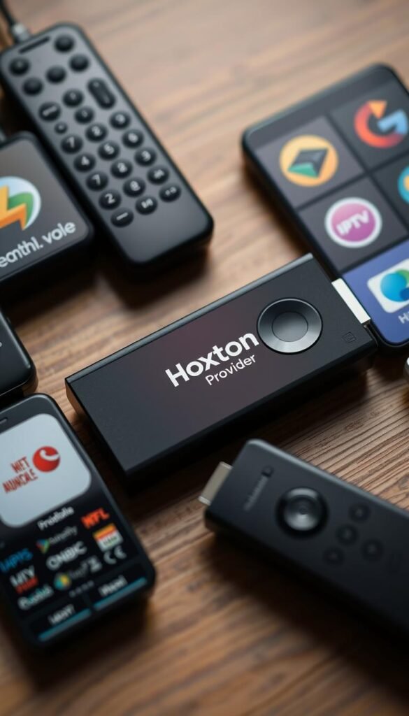 A sleek and modern-looking Firestick device resting on a wooden surface, with the Hoxtoon Provider app icon prominently displayed on the screen. The Firestick is surrounded by a selection of other IPTV player apps, each with their own distinct logos and interfaces, creating a visually appealing and informative composition. The lighting is soft and diffused, casting gentle shadows and highlights that accentuate the devices' shapes and details. The overall mood is one of professionalism and functionality, showcasing the versatility and user-friendliness of the IPTV Smarters Pro app.