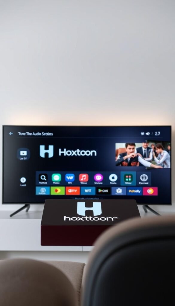 A sleek and modern-looking IPTV player interface, showcasing its key features in a clean, intuitive layout. In the foreground, a high-resolution display of the Hoxtoon Provider logo, conveying a sense of professionalism and reliability. The middle ground features various icons and graphics representing the player's capabilities, such as support for multiple video and audio formats, live TV, on-demand content, and parental controls. The background has a subtle gradient or texture, creating a sophisticated and tech-savvy atmosphere. The lighting is soft and diffused, highlighting the player's UI elements and creating a visually appealing and cohesive scene.