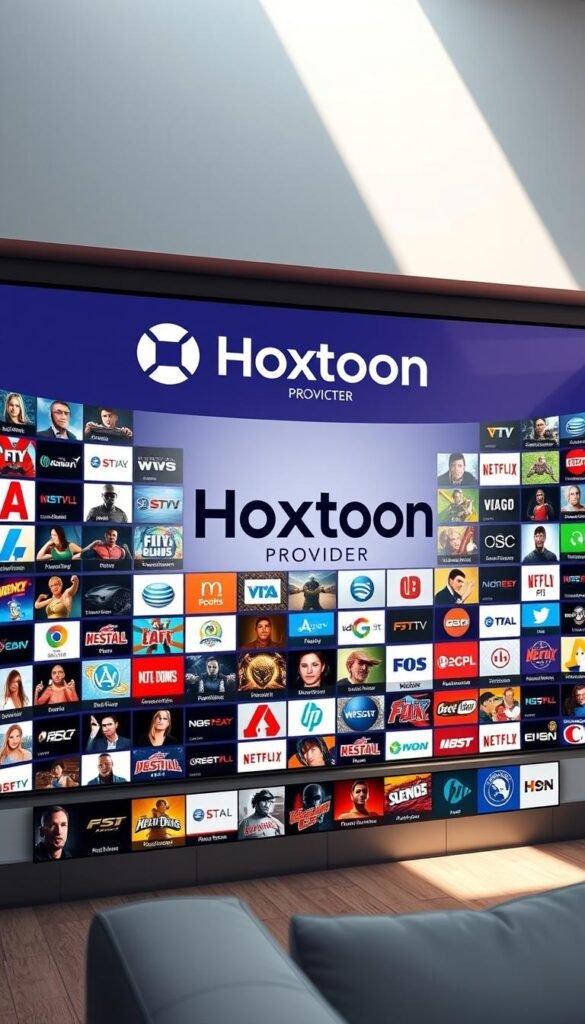 A sleek and modern-looking IPTV service interface, showcasing a vast selection of over 21,000 channels in stunning 4K quality. The Hoxtoon Provider logo prominently displayed, with a clean and intuitive user experience. The interface features a grid-like layout, allowing easy navigation through the extensive channel selection. Soft, natural lighting illuminates the scene, creating a warm and inviting atmosphere. The camera angle provides a wide, panoramic view, capturing the breadth and depth of the channel options available. The overall impression conveys a sense of high-quality, comprehensive entertainment at the user's fingertips.
