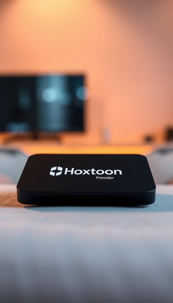 A sleek and modern-looking android TV device with the Hoxtoon Provider logo prominently displayed on the front panel. The device has a clean, minimalistic design with a matte black finish and sharp edges. The device is positioned in the center of the frame, surrounded by a soft, warm-toned lighting that creates a cozy and inviting atmosphere. The background is slightly blurred, showcasing the device as the main focal point. The overall impression is one of a high-quality, user-friendly IPTV player that seamlessly integrates with an android TV setup.