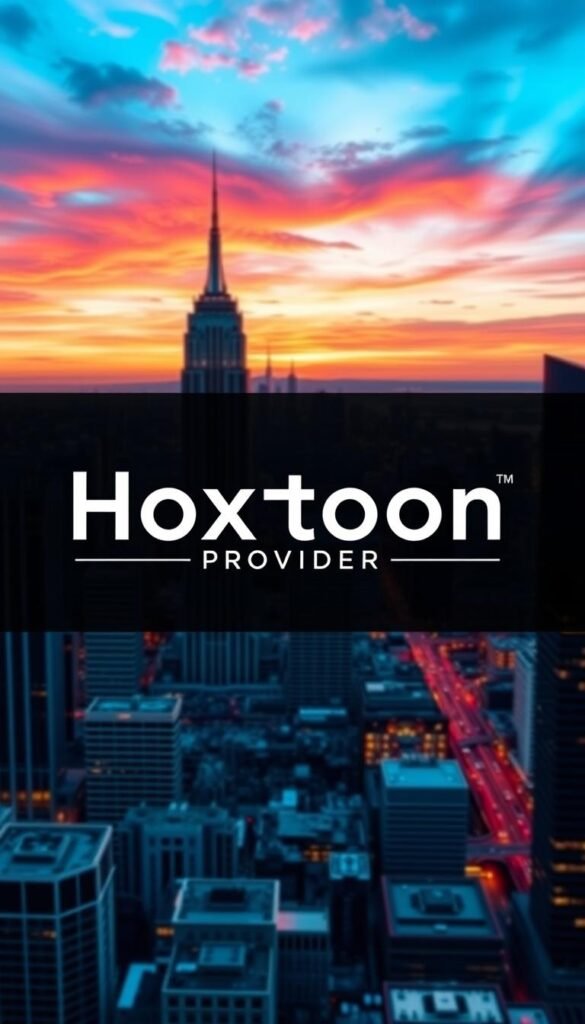 A sleek and modern-looking logo for the "Hoxtoon Provider" IPTV service, set against a stylish background featuring a cityscape with skyscrapers and a vibrant, colorful sky. The logo should be the focal point, prominently displayed in the center of the frame, with a clean and minimalist design that showcases the brand name. The overall composition should convey a sense of professionalism, reliability, and cutting-edge technology, reflecting the high-quality IPTV service offered by Hoxtoon.