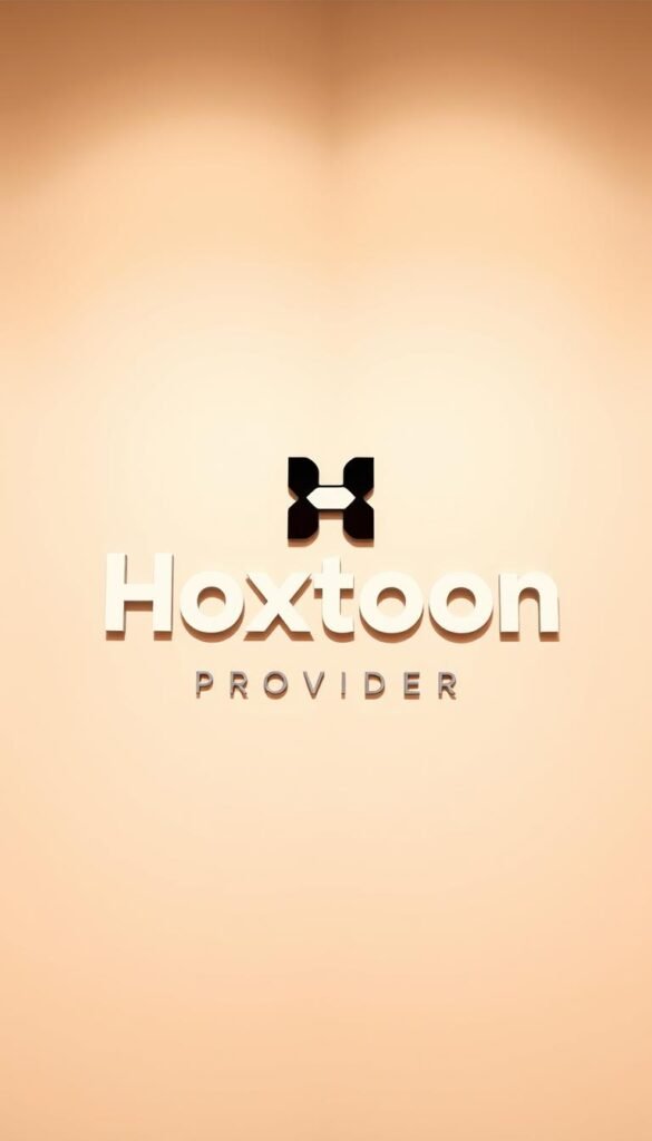 A sleek and modern-looking logo for the "Hoxtoon Provider" brand, set against a clean, minimalist background. The logo should feature a bold, distinctive wordmark with a minimalist icon or symbol that represents the IPTV service. Showcase the brand's professionalism and reliability through a well-designed, visually striking logo that would be suitable for use in a high-quality article or website. Render the image with a subtle, warm lighting to create a premium, trustworthy atmosphere.