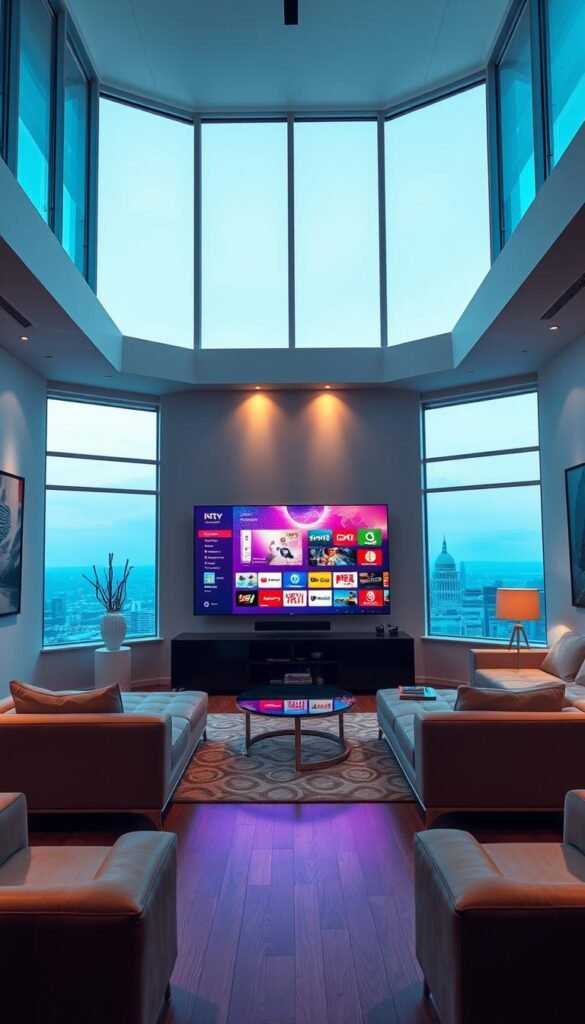 A sleek and modern-looking room, with large windows flooding the space with natural light. In the center, a state-of-the-art entertainment system showcases a vibrant display featuring the Hoxtoon Provider IPTV service, boasting an impressive 21,000+ channels from around the world. The room is furnished with minimalist, high-quality furniture, creating a sense of sophistication and comfort. The walls are adorned with abstract art pieces, complementing the overall aesthetic. The lighting is soft and warm, casting a inviting glow throughout the room. The camera angle captures the room from a slightly elevated perspective, highlighting the impressive scale and scope of the IPTV offering.