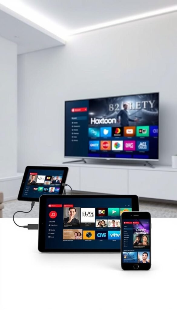 A sleek and modern-looking setup featuring multiple devices connected to the Hoxtoon IPTV provider. In the foreground, a smart TV displays the Hoxtoon interface, showcasing its intuitive design and wide range of content. In the middle ground, a tablet and a smartphone are also connected, highlighting the multi-device support. The background features a minimalist, well-lit home environment, emphasizing the seamless integration of Hoxtoon IPTV into everyday living. The scene conveys a sense of technological sophistication and convenience, reflecting the capabilities of the Hoxtoon Provider platform.
