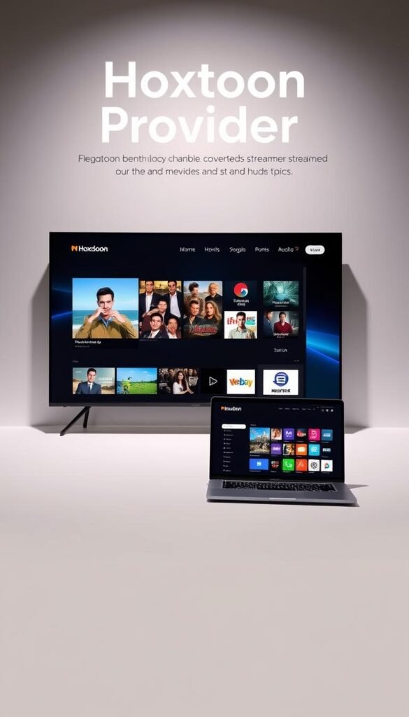 A sleek and modern-looking website for the "Hoxtoon Provider" IPTV service, showcasing its user-friendly interface and reliable streaming capabilities. The foreground features a large display showing a variety of live TV channels and on-demand content, with crisp, high-definition visuals. The middle ground depicts a laptop or mobile device displaying the Hoxtoon Provider platform, highlighting its cross-device compatibility. The background is a minimalist, clean-lined setting with subtle gradients and elegant typography, conveying a sense of professionalism and trustworthiness. The overall mood is one of sophisticated technology, seamless user experience, and the promise of a comprehensive, high-quality IPTV solution.
