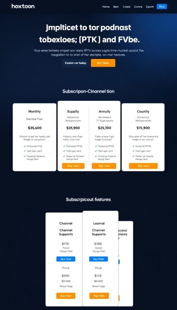 A sleek and modern-looking website interface showcasing the subscription plans and pricing options for the Hoxtoon IPTV provider. The foreground features clean and well-organized tiles or cards displaying the different plan tiers, highlighting key details like monthly/annual costs, channel count, device support, and any additional features. The middle ground has a subtle background pattern or texture, hinting at the platform's robust infrastructure. The overall mood is professional, informative, and visually appealing, conveying Hoxtoon's reliability and value proposition to potential subscribers.