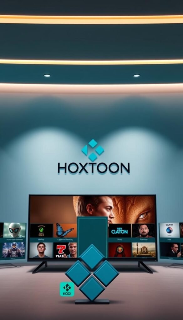 A sleek and modern media center interface showcasing the Hoxtoon Provider IPTV add-on for Kodi. The foreground features the Kodi logo and a collection of IPTV channel icons, arranged neatly and with a visually striking layout. The middle ground depicts the Hoxtoon Provider logo prominently displayed, conveying a sense of professionalism and reliability. The background is a soft, gradient-based design in complementary colors, creating a clean and sophisticated atmosphere. The lighting is balanced, with a subtle directional illumination that enhances the three-dimensional depth of the scene. The overall composition is visually appealing, striking a balance between functionality and aesthetic appeal, perfectly suited to illustrate the section on "Kodi with IPTV Add-ons: Customizable Media Center".