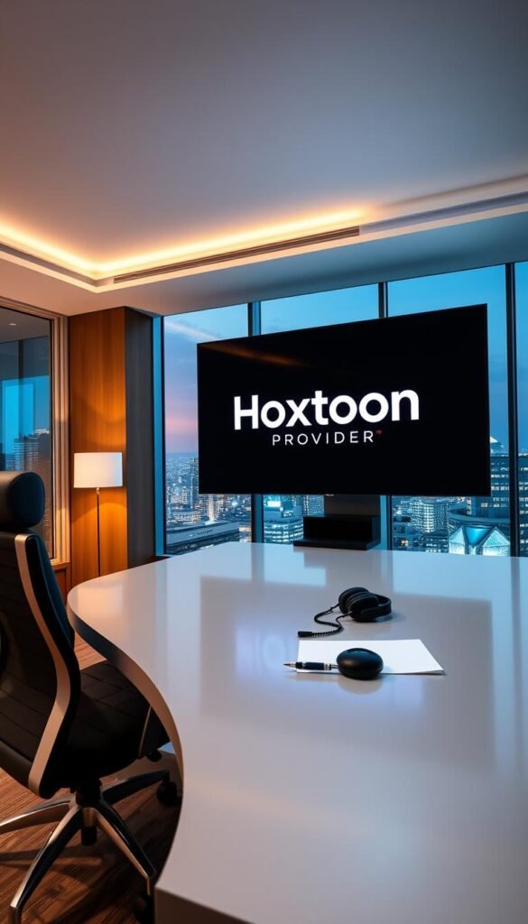 A sleek and modern office interior with a large desk, a comfortable office chair, and a high-resolution monitor displaying the Hoxtoon Provider logo. The room is well-lit, with a mix of natural and artificial lighting creating a warm and inviting atmosphere. On the desk, there is a headset, a pen, and a notepad, suggesting a focus on customer service and technical support. The background features a cityscape visible through a large window, hinting at the global reach and reliability of the Hoxtoon Provider IPTV service. The overall impression is one of professionalism, competence, and a commitment to supporting resellers.