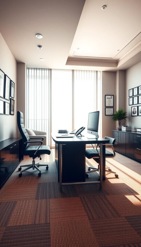 A sleek and modern office interior with a large desk and comfortable chair, representing the Hoxtoon Provider's reliable customer support center. The room is well-lit with natural light streaming through floor-to-ceiling windows, creating a warm and inviting atmosphere. On the desk, a high-end desktop computer and telephone symbolize the advanced technology used by the Hoxtoon support team. The walls are adorned with framed certificates and awards, showcasing the company's commitment to excellence. The overall scene conveys a sense of professionalism, efficiency, and a dedication to providing top-notch IPTV services to customers.