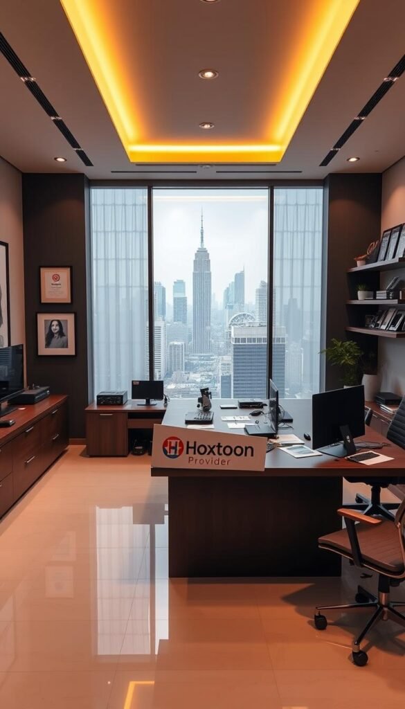 A sleek and modern office interior with a large desk featuring the "Hoxtoon Provider" logo prominently displayed. On the desk, various electronic devices and paperwork suggest a professional IPTV service operation. The room is well-lit, with warm lighting from overhead fixtures casting a cozy glow. The walls are adorned with minimalist artwork and shelves showcasing industry awards and certifications, conveying a sense of expertise and reliability. In the background, a large window overlooking a bustling city skyline adds depth and a touch of sophistication to the scene.