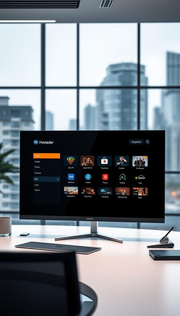 A sleek and modern office interior with a large monitor displaying the Hoxtoon Provider IPTV service interface. The monitor is positioned on a minimalist desk, surrounded by stylish office accessories. Soft, directional lighting illuminates the scene, creating a professional and inviting atmosphere. In the background, a blurred cityscape is visible through large windows, suggesting a urban, high-tech setting. The overall impression conveys the reliability, quality, and user-friendly experience of the Hoxtoon Provider IPTV service.