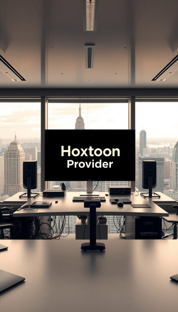 A sleek and modern office interior, with large windows overlooking a bustling city skyline. In the center of the frame, a well-designed workspace features the "Hoxtoon Provider" branding prominently displayed on a large LED screen. The desk is adorned with high-end computer equipment, cables, and other technological accoutrements, conveying a sense of professionalism and expertise. Soft, directional lighting illuminates the scene, creating a warm and inviting atmosphere. In the background, the cityscape is visible, hinting at the global reach and scale of the Hoxtoon IPTV service. The overall impression is one of a cutting-edge, industry-leading technology company dedicated to providing the best IPTV experience.