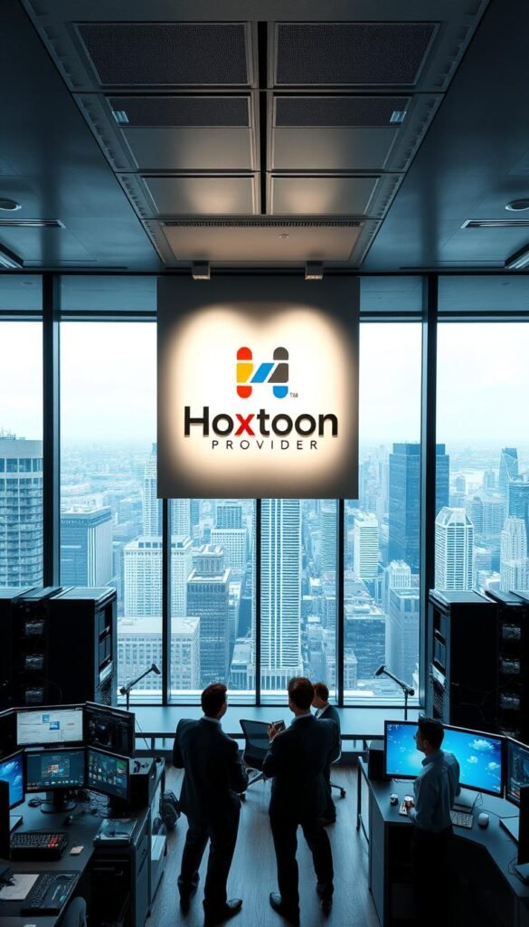 A sleek and modern office interior with large windows overlooking a bustling city skyline. In the center of the frame, a prominent "Hoxtoon Provider" logo is displayed on the wall, illuminated by soft, indirect lighting. The room is filled with state-of-the-art technology, including rows of monitors, servers, and networking equipment. In the foreground, a team of professionals in business attire are engaged in discussion, showcasing the company's expertise and dedication to providing reliable IPTV services. The overall atmosphere conveys a sense of professionalism, innovation, and industry leadership.