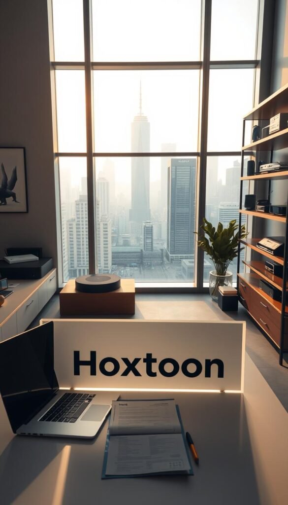 A sleek and modern office interior with large windows overlooking a bustling city skyline. In the foreground, a desk with a laptop, paperwork, and a stylized sign that reads "Hoxtoon Provider" - a leading IPTV service provider. The lighting is warm and natural, creating a professional yet inviting atmosphere. The walls are adorned with minimalist artwork, while shelves display various networking equipment and digital media devices. The scene conveys the reliable and trustworthy nature of the Hoxtoon IPTV service, catering to the needs of families seeking a seamless, high-quality streaming experience.