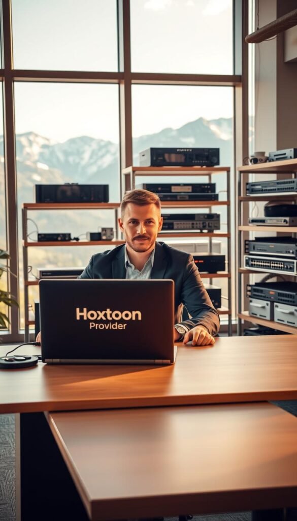 A sleek and modern office interior with large windows overlooking the Swiss Alps. In the foreground, a professional-looking person sitting at a desk, using a laptop with the "Hoxtoon Provider" logo prominently displayed. Behind them, shelves filled with various networking equipment and cable management solutions. The room is bathed in warm, natural lighting, creating a sense of productivity and efficiency. The overall atmosphere conveys the reliability and trustworthiness of a leading IPTV provider in Switzerland.